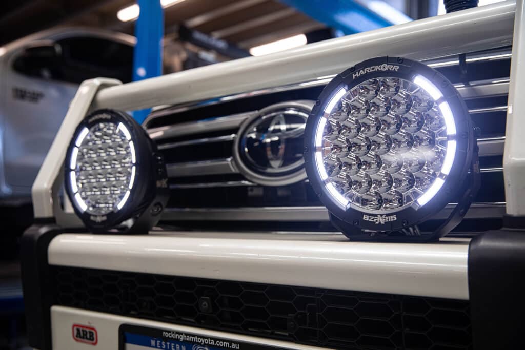 Close up of spotlights on a 4x4 car that have been professionally installed by Voltaic