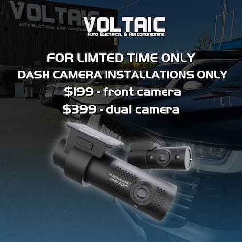 Dash cam installation promo advertising $199 for a front camera and $399 for dual cameras