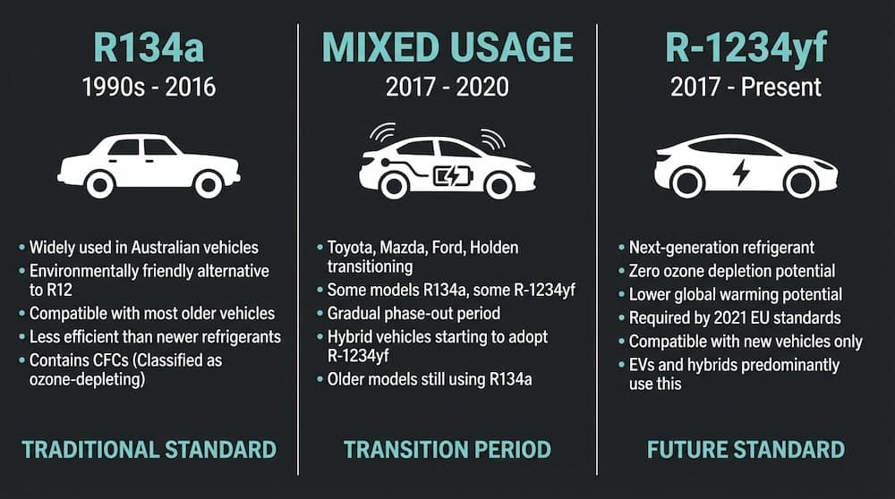 Infographic showing the most likely type of car refrigerant for your car based on the car's age