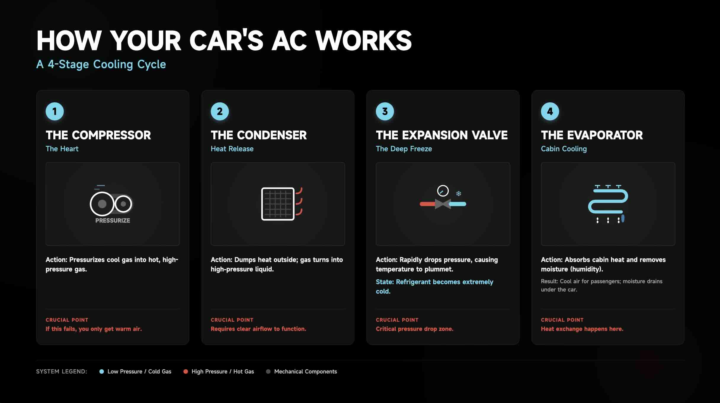 Infographic showing how a car AC system works in 4 steps