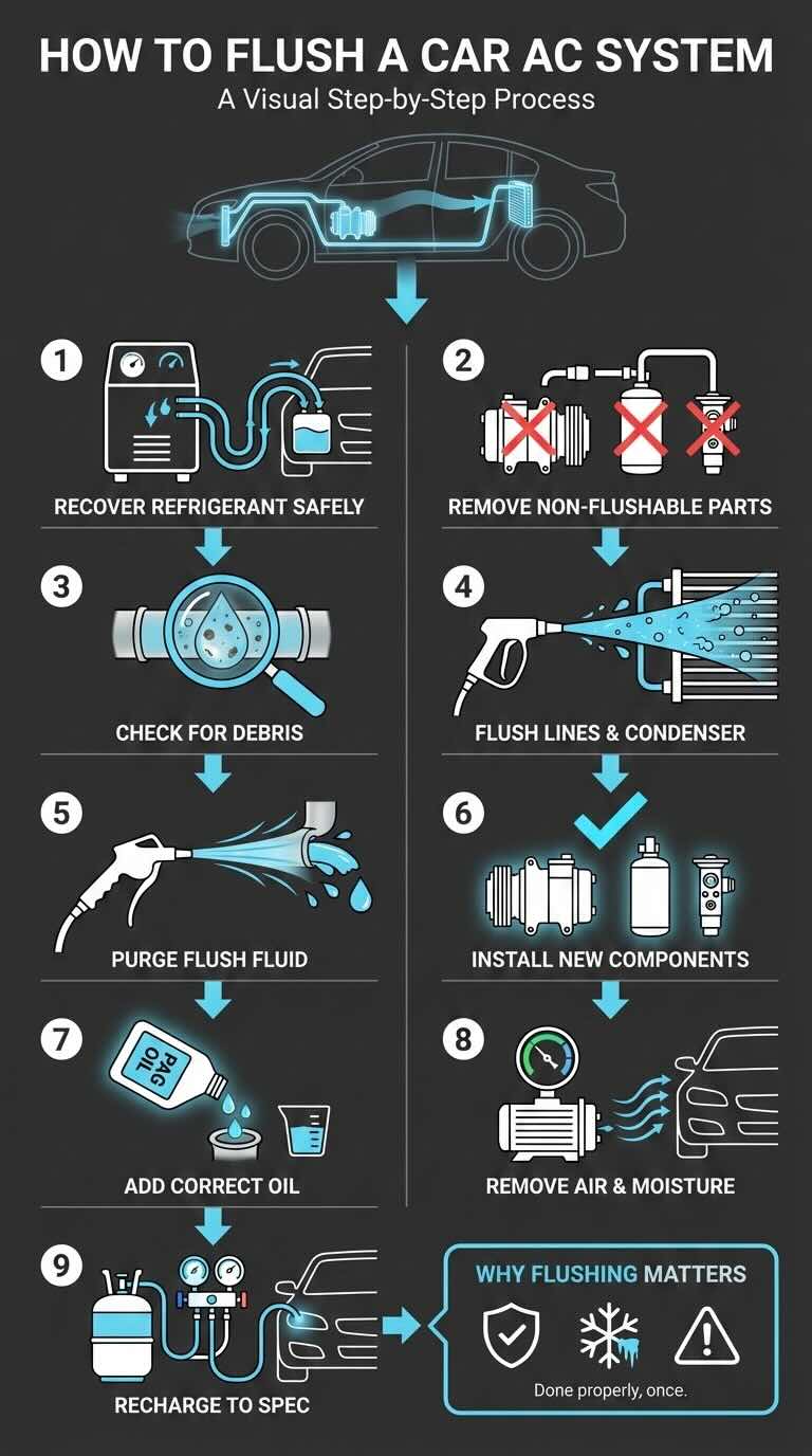 Infographic showing how to flush a car AC system
